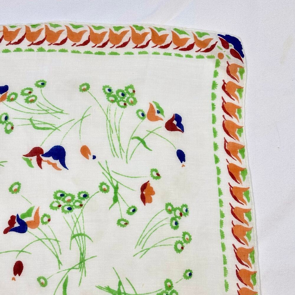 Vintage 1940s Cotton Tulip Print Handkerchief Orange Blue Rust Red Border - Picture 6 of 7